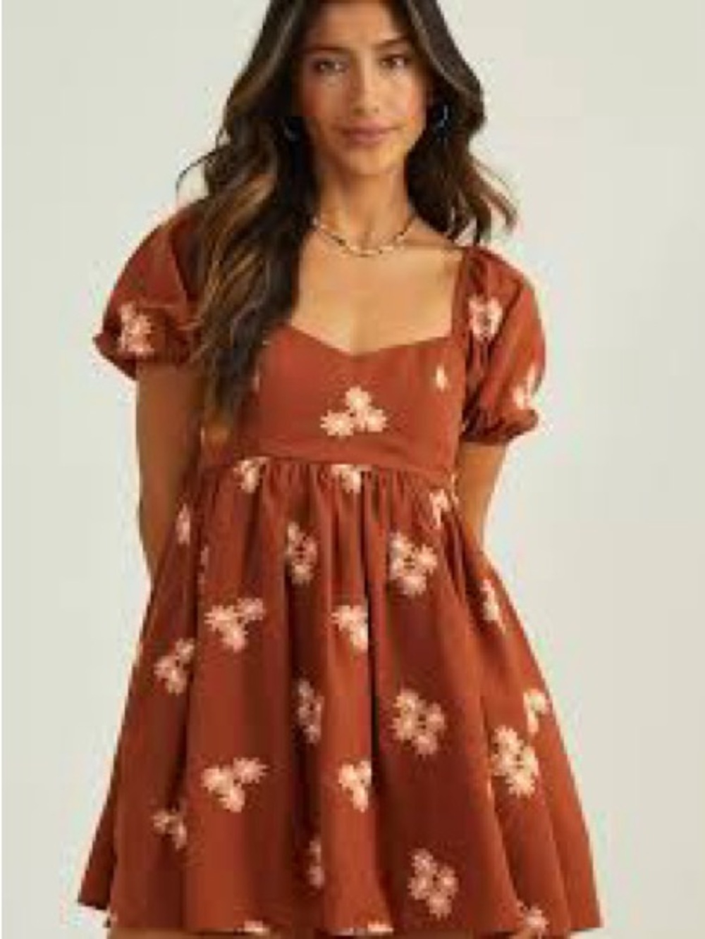 Altar'd State Rust Floral Square-Neck Mini Dress with Puff Sleeves
